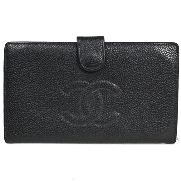 Auth CHANEL CC Logo Long Bifold Wallet Purse Caviar Skin Leather Black GHW - Picture 1 of 15